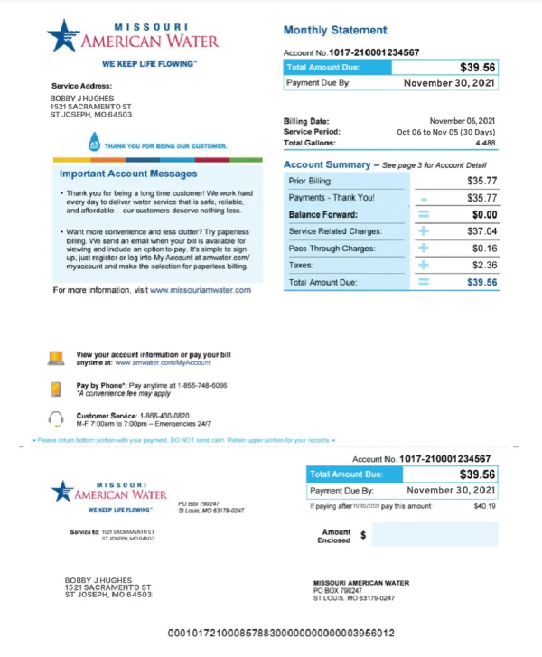 USA MISSOURI AMERICAN WATER utility bill Word and PDF template